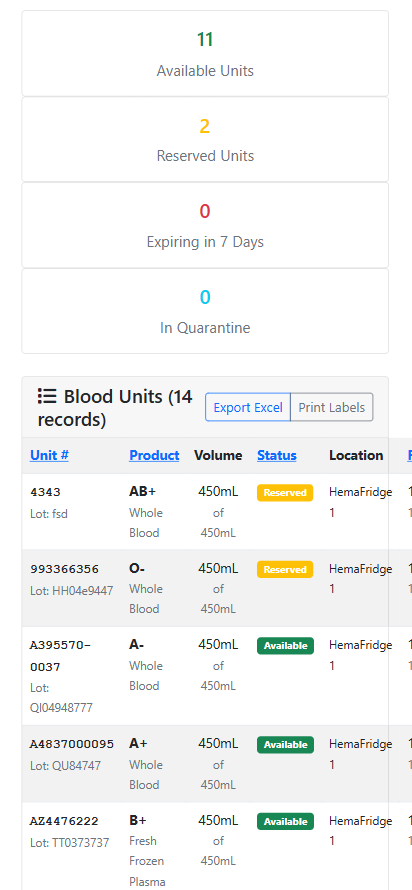Blood units list on a phone: unit number, lot, product, volume, status and storage location