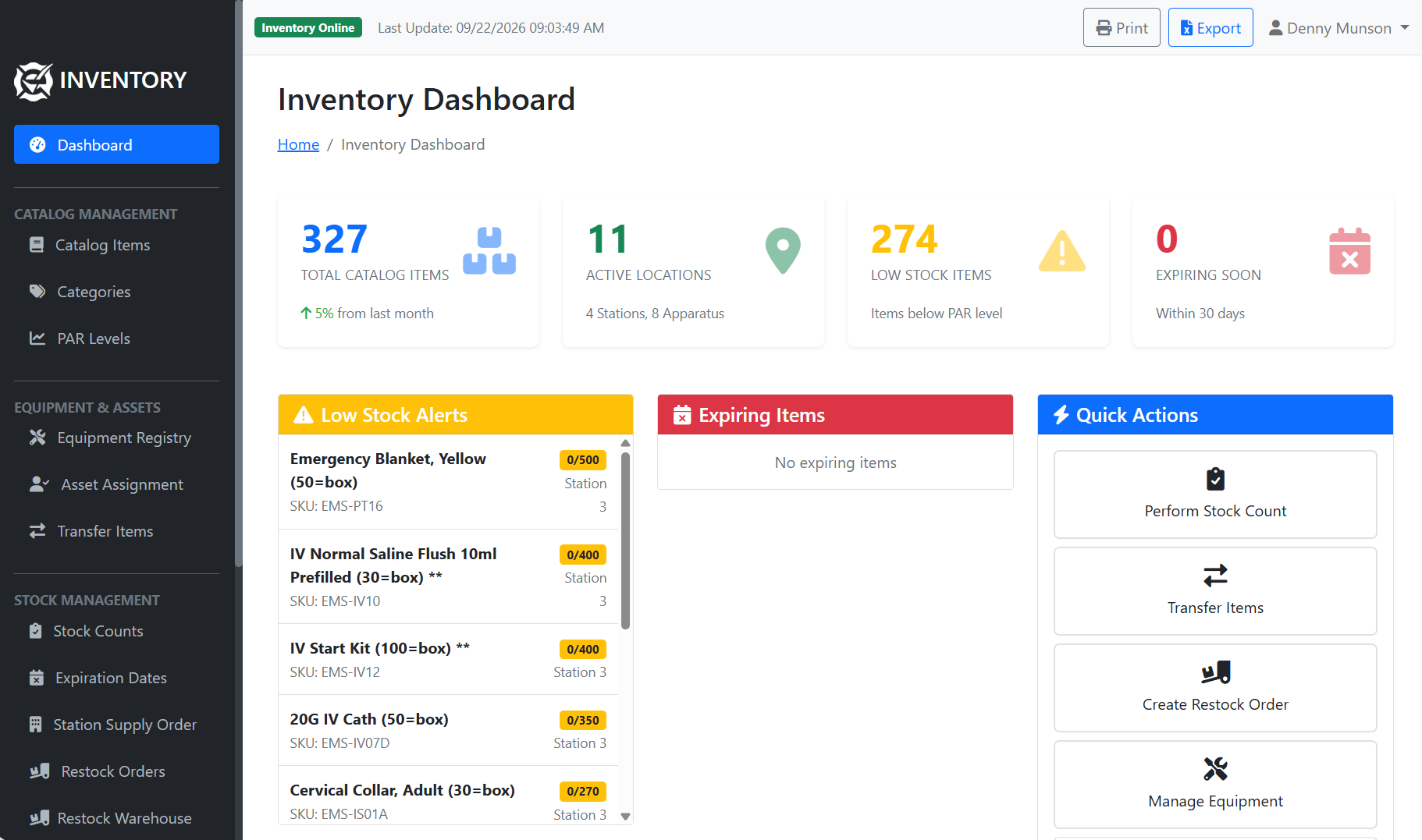 Emergency Logs fire and EMS inventory management dashboard on a desktop: total catalog items, active locations, low stock items, expiring soon, a low stock alert list by station and quick actions for stock count, transfer and restock order