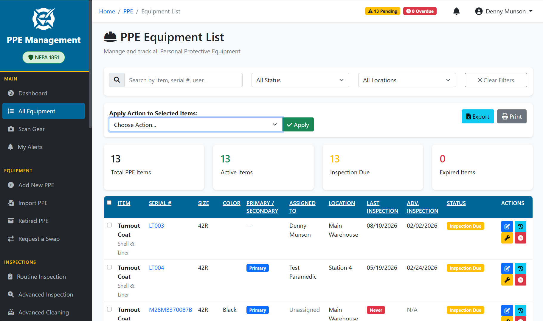 Emergency Logs equipment list on a desktop: turnout coats by serial number, size, assigned member, location, last inspection and status, with pending and overdue counts in the header