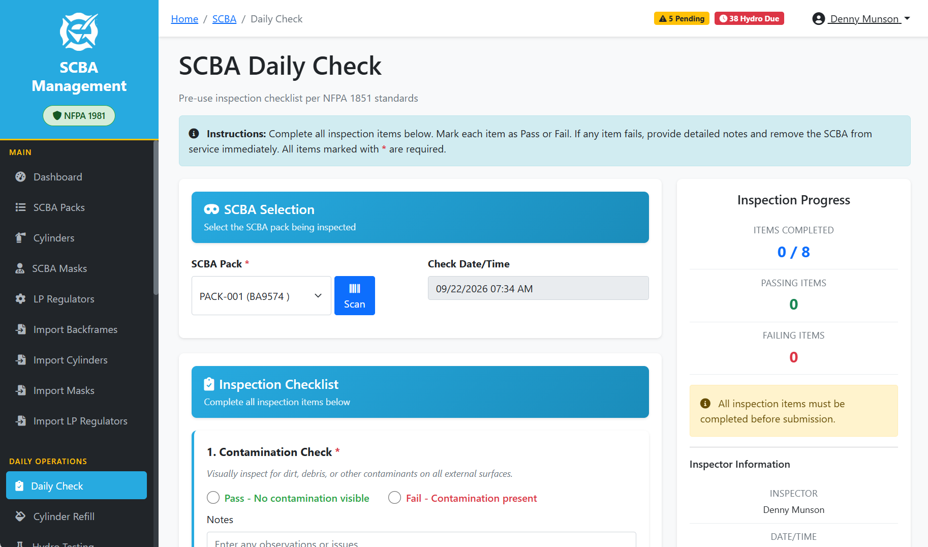 Emergency Logs SCBA daily check on a desktop: pack selection with barcode scan, an inspection checklist with Pass and Fail for each item, an inspection progress panel and pending and hydro due counts in the header
