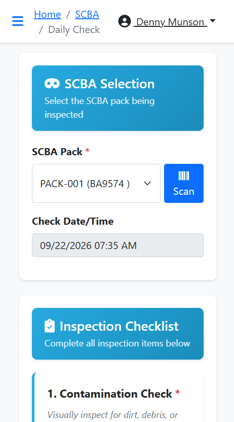 An SCBA daily check on a phone, with a Scan button for the pack